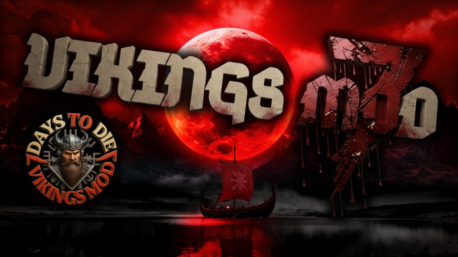 Vikings Mod key art - a longship beneath a blood moon