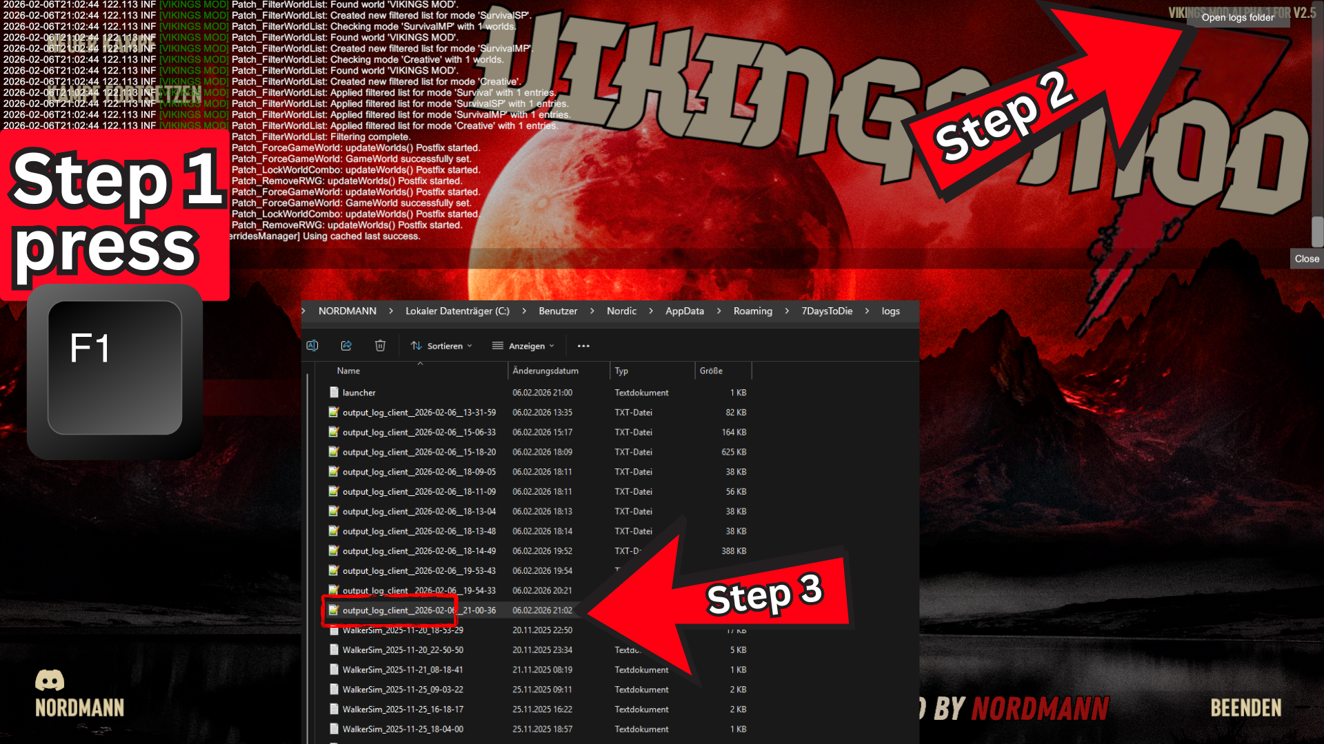 Where to find the log file: press F1, then open the logs folder