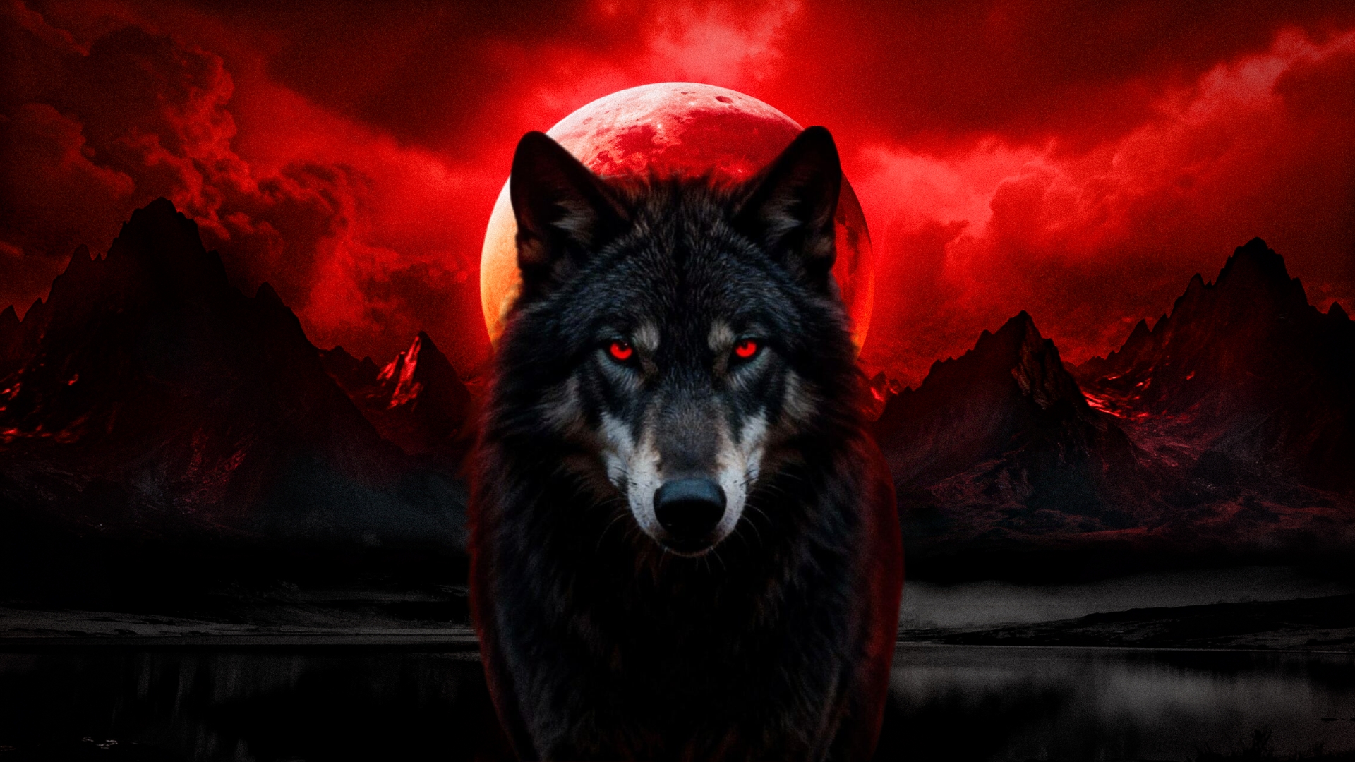 A wolf watching from a blood-lit forest